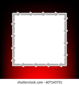 Arrow on a square shape. Postage stam or old photo style on red-black gradient background.