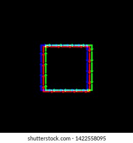 Arrow on a square shape. Red, green and blue unfocused contour icon at black background. Illustration.