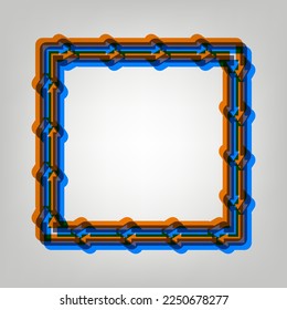 Arrow on a square shape. Stroked Icon in orange, azure and old lavender Colors at gray Background. Illustration.