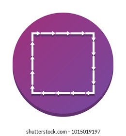 Arrow on a square shape. Vector. White icon with flat shadow on purpureus circle at white background. Isolated.