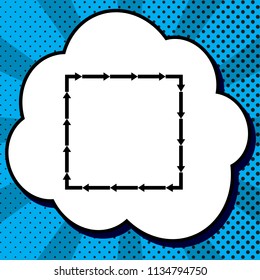 Arrow on a square shape. Vector. Black icon in bubble on blue pop-art background with rays.