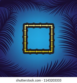 Arrow on a square shape. Vector. Golden icon with black contour at blue background with branches of palm trees.