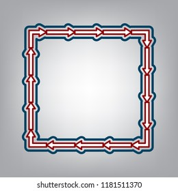 Arrow on a square shape. Vector. Dark red, transparent and midnight green stroke of white icon at grayish background.