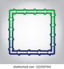 Arrow on a square shape. Vector. Green to blue gradient contour icon at grayish background with light in center.