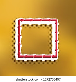 Arrow on a square shape. Vector. Magenta icon with darker shadow, white sticker and black popart shadow on golden background.