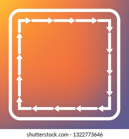 Arrow on a square shape. Vector. White icon on transparent button at orange-violet gradient background.