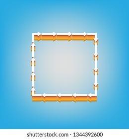 Arrow on a square shape. Vector. White icon with 3d warm-colored gradient body at sky blue background.