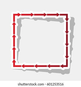 Arrow on a square shape. Vector. New year reddish icon with outside stroke and gray shadow on light gray background.