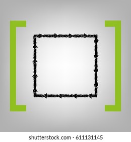 Arrow on a square shape. Vector. Black scribble icon in citron brackets on grayish background.
