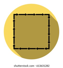 Arrow on a square shape. Vector. Flat black icon with flat shadow on royal yellow circle with white background. Isolated.