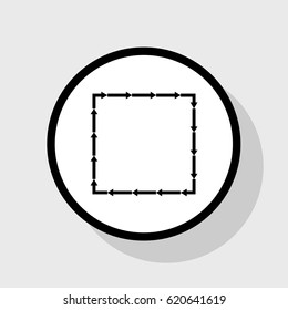 Arrow on a square shape. Vector. Flat black icon in white circle with shadow at gray background.