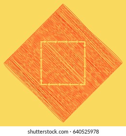 Arrow on a square shape. Vector. Red scribble icon obtained as a result of subtraction rhomb and path. Royal yellow background.