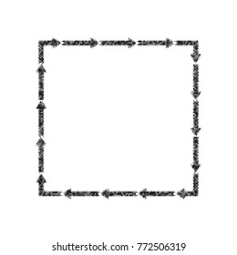 Arrow on a square shape. Vector. Black icon from many ovelapping circles with random opacity on white background. Noisy. Isolated.