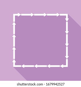 Arrow on a square shape. White Icon with long shadow at purple background. Illustration.
