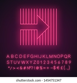 Arrow on striped backdrop neon light icon. Arrow pointing to right direction. Motion. Navigation indicator. Direction move. Glowing sign with alphabet and symbols. Vector isolated illustration