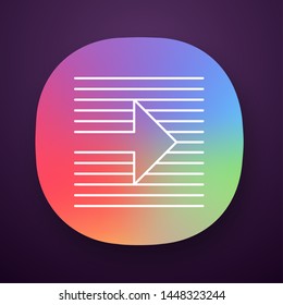 Arrow on striped background app icon. Arrowhead pointing rightward. Navigation indicator on horizontal striped backdrop. UI/UX user interface. Web or mobile application. Vector isolated illustration