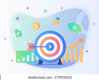 Flecha en el fondo objetivo del gráfico circular de dinero concepto de objetivo de negocio de gráficos en dólares con estilo plano.