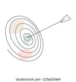 Arrow on target continuous line drawing. Hand drawn linear goal circle with pastel abstract shapes. Vector illustration isolated on white.