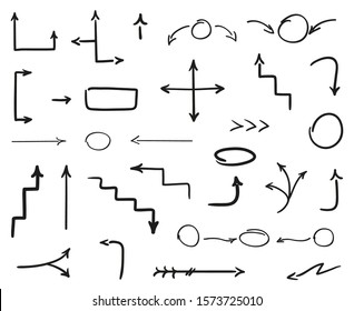 Arrow on white background. Hand drawn geometric shapes and arrows. Black and white illustration