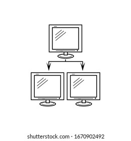 Arrow from one computer to two computer sign. Server and clients sign