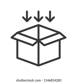 arrow and open box, shipping and logistic icon, outline design pixel perfect