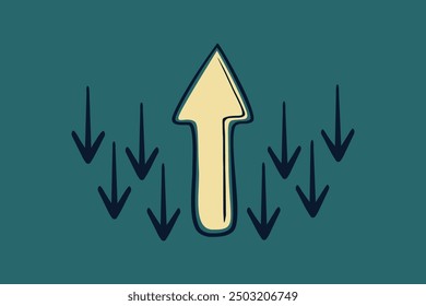The up arrow is the opposite direction of down arrows. Not following the majority. Concept of different way. Growing in recession.