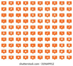 Arrow orange message icons set, images in filled chat bubbles on white background