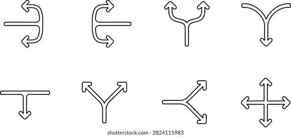Arrow outline symbol set with black directional signs and branching path indicators