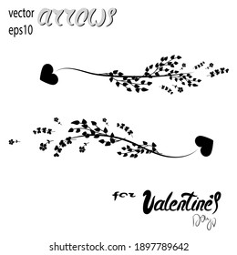 Arrow. Parallel multidirectional arrows. Valentine's Day. Pointer. Heart. Vintage branches. Isolated element on a white background. Wedding.  Vector illustration, eps10.