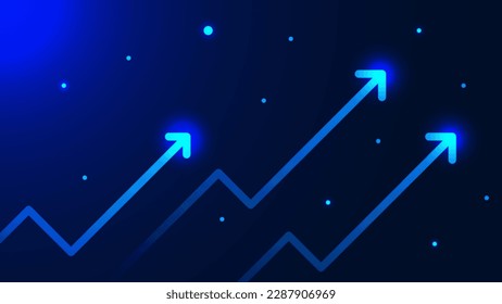 Up arrow with particles on blue technology background. Financial company statistic, business growth, development progress and trading graph concept. Vector illustration.