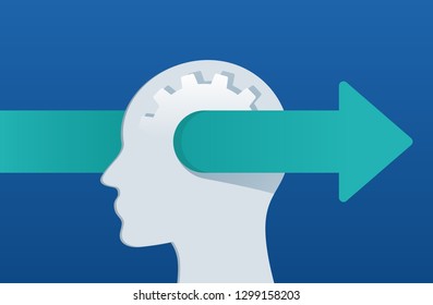 Arrow passing through human head with gear shaped brain - visual for brainstorm, creativity, psychology, AI technology