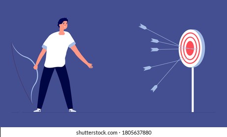 Arrow past target. Upset man, business failure metaphor. Bad startup, fail investments or financial bankruptcy vector illustration