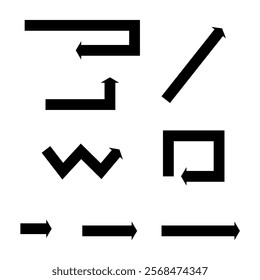 Arrow path design. Zigzag arrow symbols. Simple vector elements. Geometric black shapes.