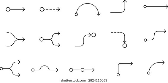 Arrow and path icon set with black line symbols and circular endpoints for graphic design