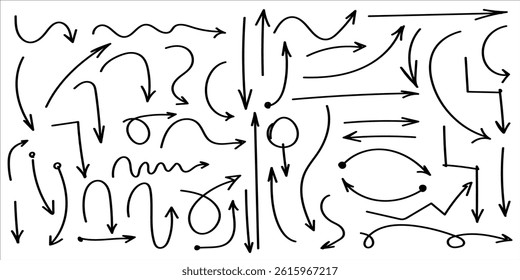 Arrow pen hand drawn sketch set. Collection of doodle drawn direction elements. Swipe up symbol, doodle line graphic design icon. Collection of vector doodle elements. Handwritten arrow. Illustration