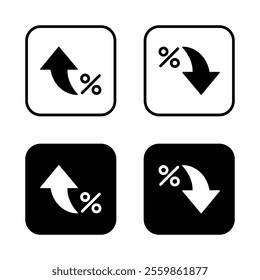 Arrow percent icon on black square. Increase and decrease percentage sign symbol