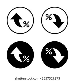 Arrow percent icon set on black circle. Increase and decrease percentage sign symbol