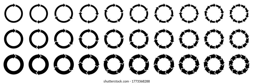 Arrow pictogram refresh reload rotation loop sign set. Simple black icon on white background. Modern mono solid plain flat minimal style. Vector illustration web design elements.
