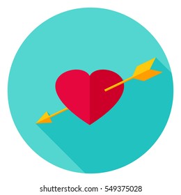 Arrow Pierced Heart Circle Icon. Flat Design Vector Illustration With Long Shadow. Happy Valentine Day Symbol.