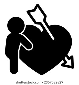 Arrow pierced heart and guy solid icon, love story concept, arrow pierce man heart vector sign on white background, glyph style icon for mobile concept and web design. Vector graphics