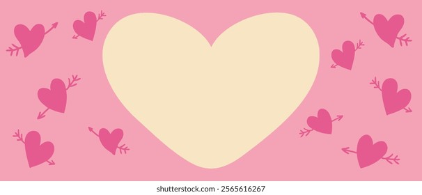 Arrow pierced hearts Valentine's Day horizontal banner template with empty copy space. Perfect festive design for card, invitation, label, sale. Hand drawn vector illustration.