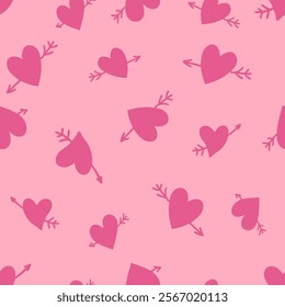 Arrow pierced hearts Valentine's Day seamless pattern. Perfect festive print for textile, fabric, card, sale. Hand drawn vector illustration.