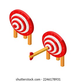 An arrow pierced a target assembled from plastic cubes in isometry. Vector clipart