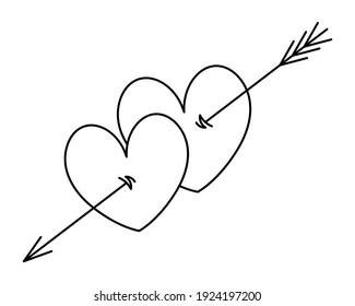 An arrow pierces a couple of hearts. Sketch. Merging of hearts. Vector illustration. Coloring book for children. Valentines Day. Accurate shot. Lovers symbol. The birth of a couple. Doodle style. 