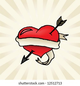 An arrow piercing a red heart with a banner wrapping around it.  File created in layers and grouped for easy editing.