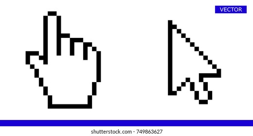 Arrow pixel cursor and pixel mouse hand cursor icon vector illustration set