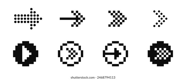 Conjunto de iconos de píxel de flecha. Flechas pixeladas iconos vectoriales.