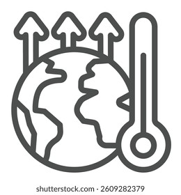 Up arrow and planet with thermometer line icon, climate change concept. Vector graphics. Planet temperature level raise sign on white background, outline style icon for mobile or web design
