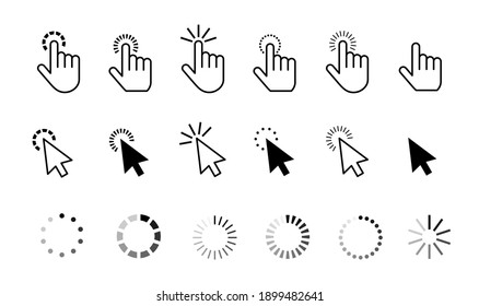 Arrow poiners and cursor in different variations. Computer and web icons. Loading signs