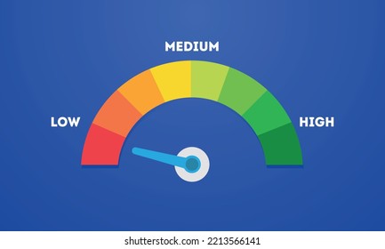 arrow point scale speed low status green speedometer icon Performance, pointer rating risk levels, meter, tachometer on blue background. 